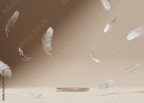 3D background, beige podium display. Natural brown backdrop with shadow and falling feather. Product promotion Beauty cosmetic, nature luxury gold stand. Studio empty template. Minimal 3D render 