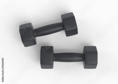Fitness dumbbells pair. Two black color rubber or plastic coated dumbbell weights isolated on white background. Training workout equipment. Sport and exercises. Losing weight. 3d render illustration
