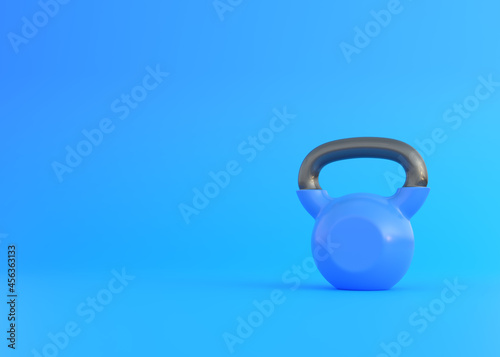 Fototapeta Naklejka Na Ścianę i Meble -  Blue kettlebell on blue background. Fitness, sport training and lifting concept. Gym equipment. Workout tools. 3d rendering illustration