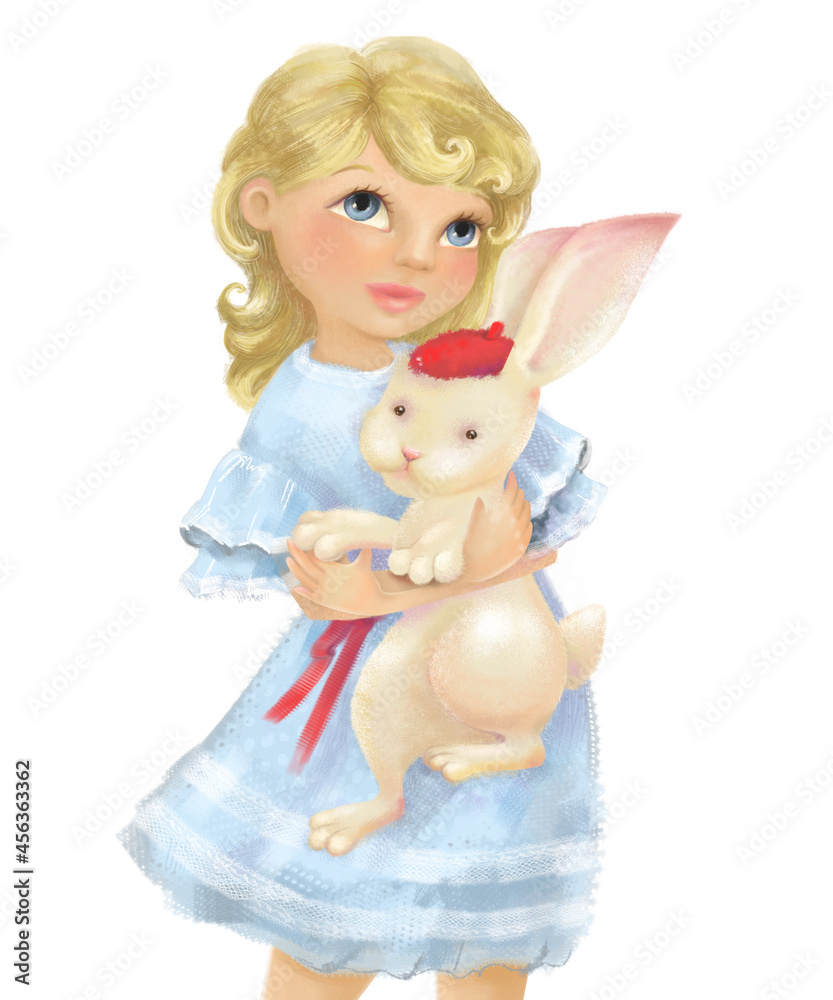 A girl with blond hair in a blue dress hugs a hare in a red beret tightly.