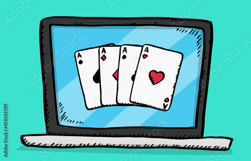 Sketch style doodle vector illustration of laptop with cards set on screen. All cards are aces: club, diamond, heart and spade.