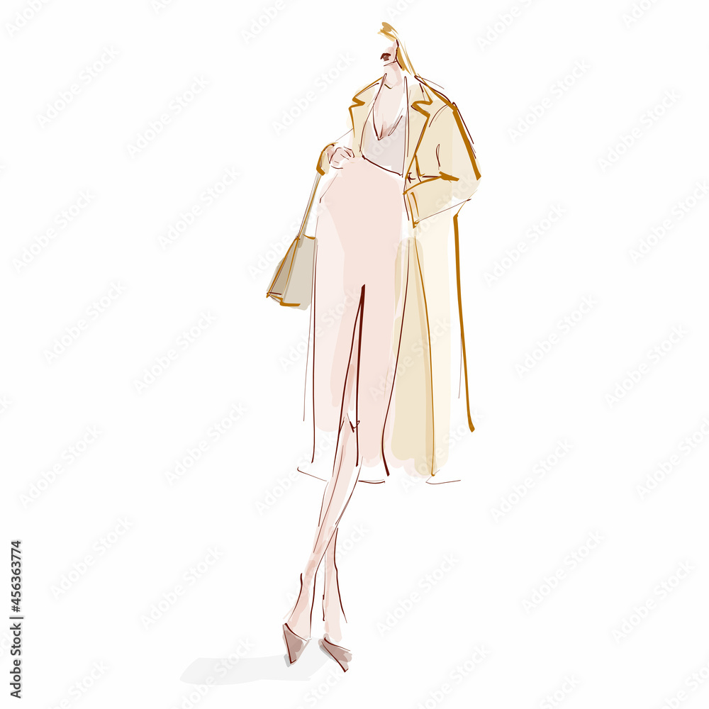 Young elegant woman. Fashion illustration in sketch style. Vector