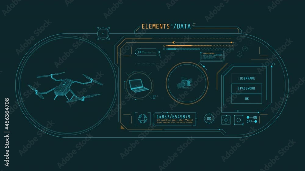 HUD animation with drones and satellite equipment.