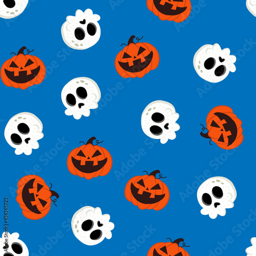 Cute skull and pumpkin with carving face vector halloween seamless pattern on a blue background