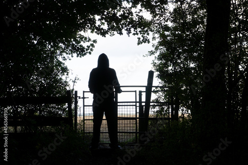 A hooded figure standing by a gate on the edge of a forest, silhouetted against the sky.