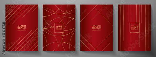 Contemporary red cover design set. Luxury dynamic gold circle, line pattern. Creative premium stripe vector background for brochure template, notebook, invite,  Christmas card