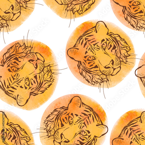 Seamless pattern with tigers faces on orange watercolor circles. Hand-drawn vector illustration. Animal art background. Perfect for design templates, wallpaper, wrapping, fabric and textile.