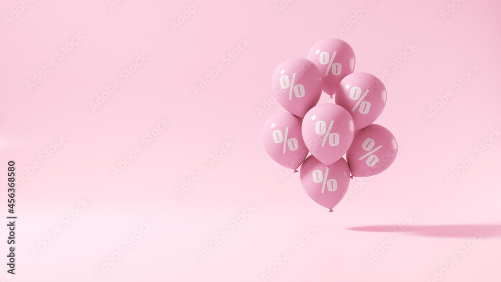 Pink balloons with the image of percent on a pink background. 3d render illustration. Illustration for business ideas. Pink balloons with the image of percent on a pink background. 3d render illustration. Illustration for business ideas.