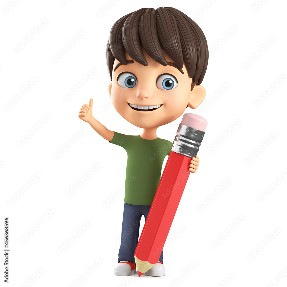 Cheerful cartoon character of a little boy in a green T-shirt holding a red pencil on a white background. 3D rendering. Children's illustration. Cheerful cartoon character of a little boy in a green T-shirt holding a red pencil on a white background. 3D rendering. Children's illustration.
