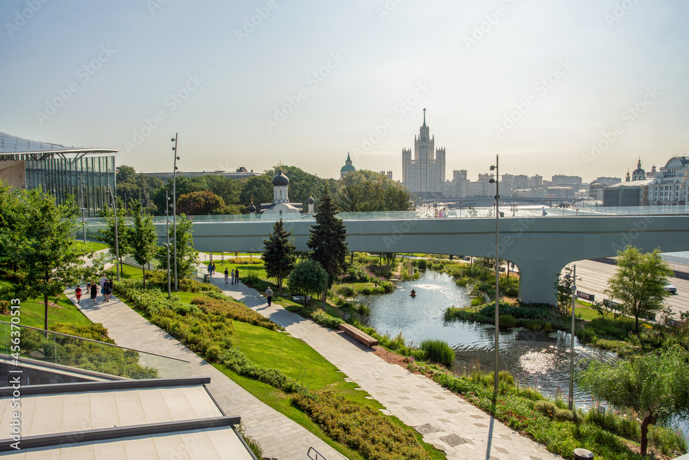 Zaryadye park in Moscow - good morning at summertime!  Beauty of nature in park ( American Architectural and gardening Project )