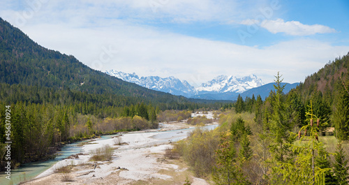 wilderness Obere Isar river with view to Wetterstein Alps, upper bavaria