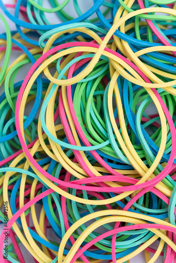 colorful rubber bands (yellow, green, red, blue, pink)