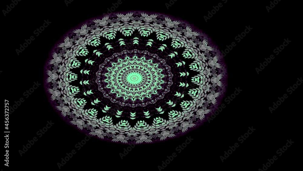 círculos en morado y verde en movimiento con fondo negro y vegetación en los bordes con un centro que se mueve siguiendo un patrón.