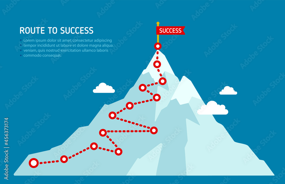 Flag on top of the peak mountain business success concept, goal achievement, victory. Landscape with flag on the mountain. Route to success concept vector illustration