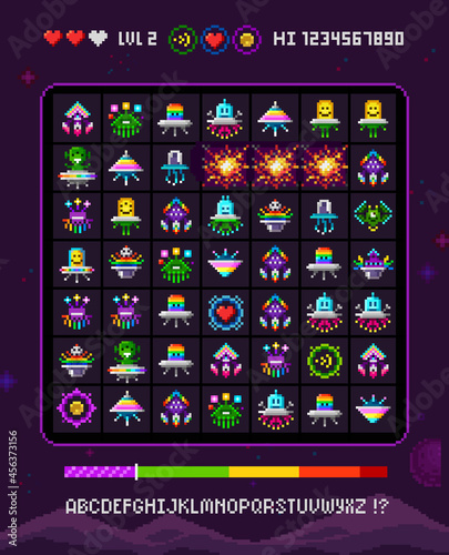 Colorful 8 bit pixel space monsters and ufo aliens - vector design for retro video game design. Cute robots invaders characters. 8-bit arcade characters