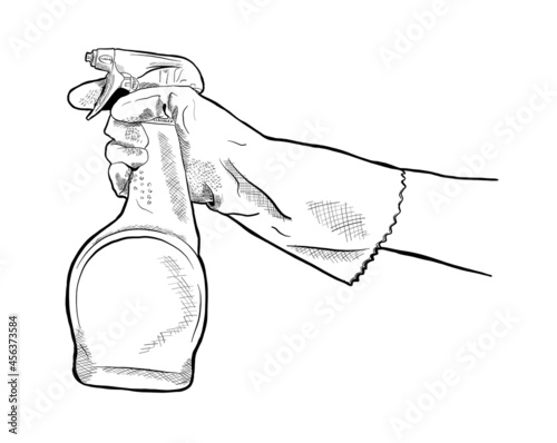 Hand Drawn Vector artistic pen and ink  illustration of house cleaning products and rubber gloves. 