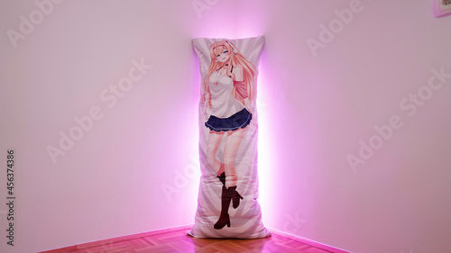 Wide shot of cute 2D anime girl waifu dakimakura hug pillow shrine