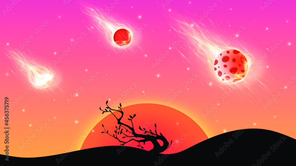 Sunset orange background with stars and planet sun set back ground. can use for poster, business banner, flyer, advertisement, brochure, catalog, web, site, website, presentation backgrounds