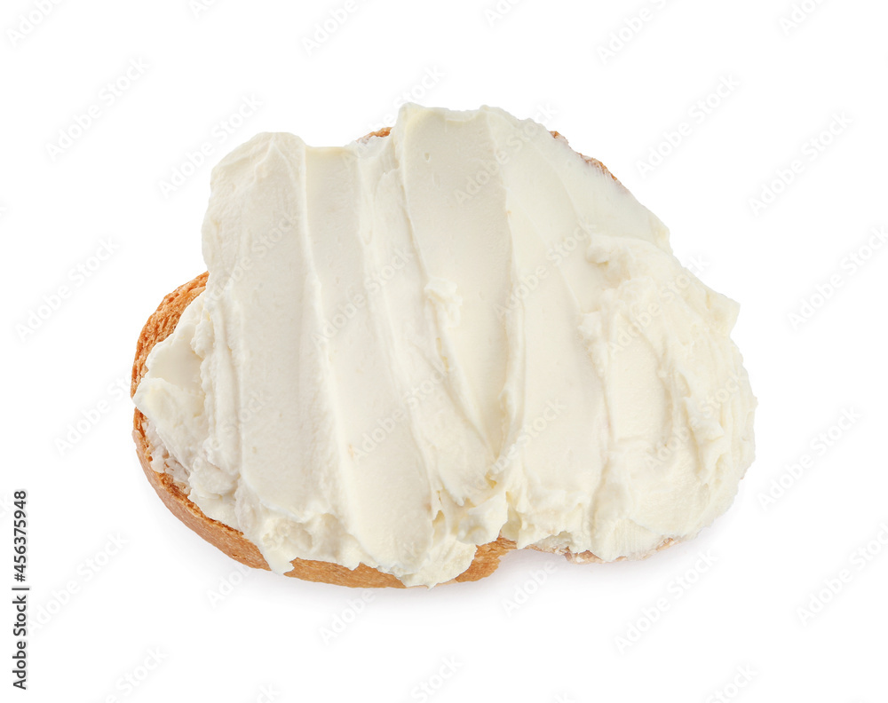 Toasted bread with cream cheese isolated on white, top view