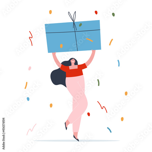 Cute girl with a big gift in her hands. Confetti in the background. Flat vector illustration.