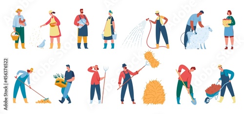 Farmers working at farm, agricultural workers and gardeners with tools. Farmer watering plants, harvesting crops, gardening vector set. Male and female characters with equipment for vegetables