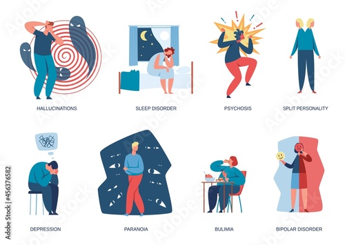 People with mental illnesses, psychological problems or depression. Men and women living with bipolar disorder and insomnia vector set. Characters suffering from bulimia, paranoia and sleep disorder