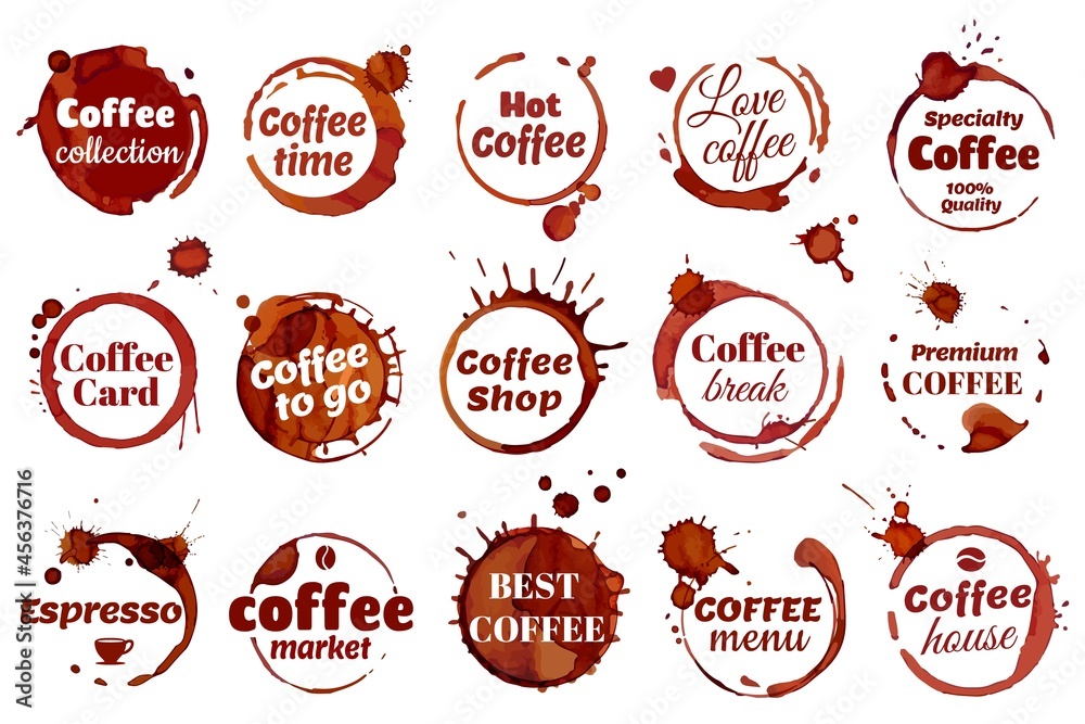 Coffee stain ring label, coffee shop cafe logo. Premium quality emblem, dirty cup circle stains badge, spilled espresso stains vector set. Beverage logotype elements for cafe, restaurant