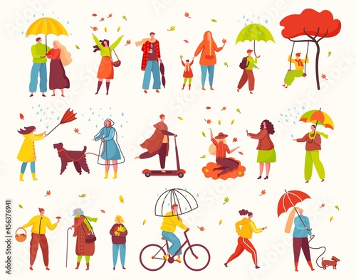 People walking in autumn park, fall season outdoor activities. Characters under umbrellas in rain, woman throwing leaves, man cycling vector set. Person in coat riding scooter, walking pet