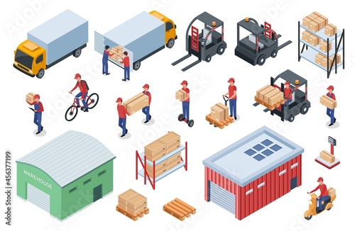 Isometric warehouse logistics, delivery workers, cargo vehicles. Forklift, truck, storage shelves with boxes, distribution center vector set. Employee with cardboard parcels on pallets