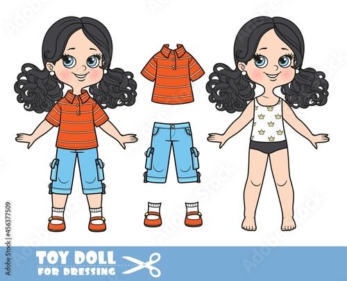 Cartoon girl with black ponytails hairstyle dressed and clothes separately - red stripped T-shirt, jeans breeches and red sandals doll for dressing