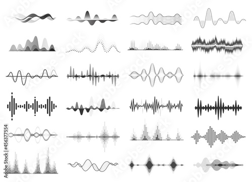 Black sound waves, music beat, audio equalizer. Abstract voice wave rhythm, radio waveform, digital soundwave visualization vector set. Melody player with sound amplitude, song display photo