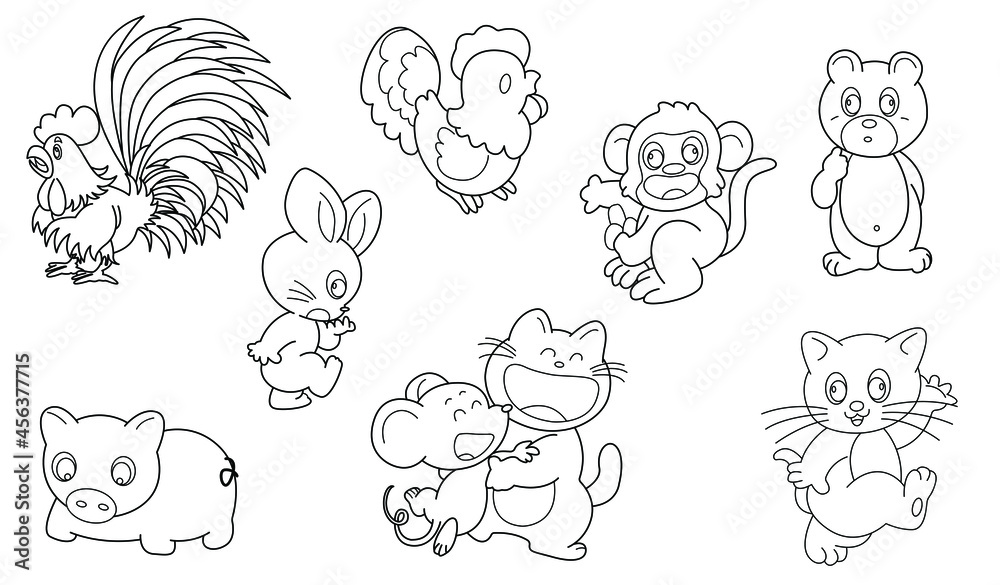 Obraz premium Cute design animal outline vector set 36 (chicken rabbit pig rat cat monkey bear)