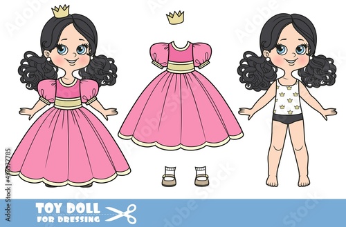 Cartoon girl with black ponytails hairstyle dressed and clothes separately - pink ball dress, crown and sandals doll for dressing