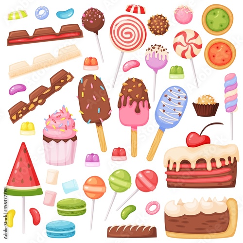 Cartoon candy and desserts, cookies, lollipops, ice cream. Jelly beans, marshmallow, cake slices, chocolate. Delicious confectionery vector set. Sweets for celebration or candy shop