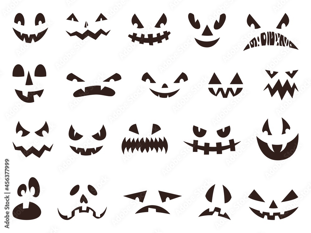 Scary halloween pumpkin faces silhouette, evil ghost eyes. Funny or spooky pumpkins mouths, autumn holiday lantern face icon vector set. Mysterious isolated facial expressions with holes