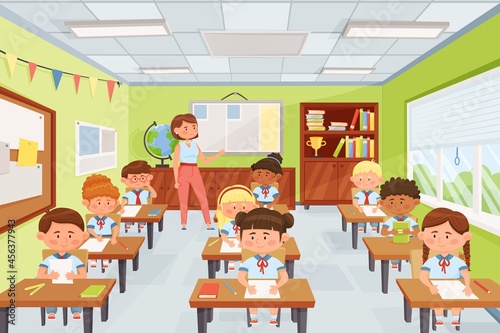 Cartoon teacher with pupils, school kids sitting at desks in classroom. Elementary school children studying in class vector illustration. Children having geography test or exam, getting knowledge