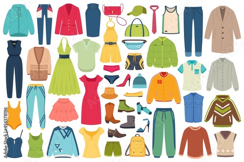 Fashion clothes and accessories, men and women casual clothing. Hats, bags, underwear, sportswear, summer and winter outfits vector set. Seasonal wardrobe with bags and shoes isolated on white