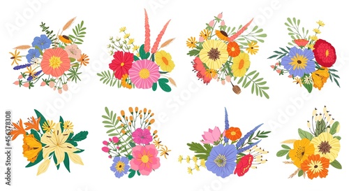 Spring blooming flower bouquets, floral wedding bouquet. Flowering lilies, peonies and wildflowers, blossom flowers arrangement vector set. Gift or present for birthday or anniversary holiday