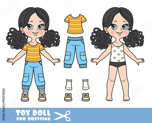 Cartoon girl with black ponytails hairstyle dressed and clothes separately -  t-shirt with a strips, denim breeches and sneakers doll for dressing
