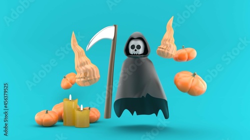 Bild auf Leinwand Deathly Hallows surrounded by ghosts, pumpkins and candles on blue background
