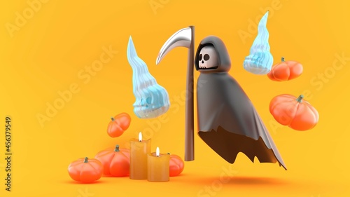 Foto Deathly Hallows surrounded by ghosts, pumpkins and candles on orange background