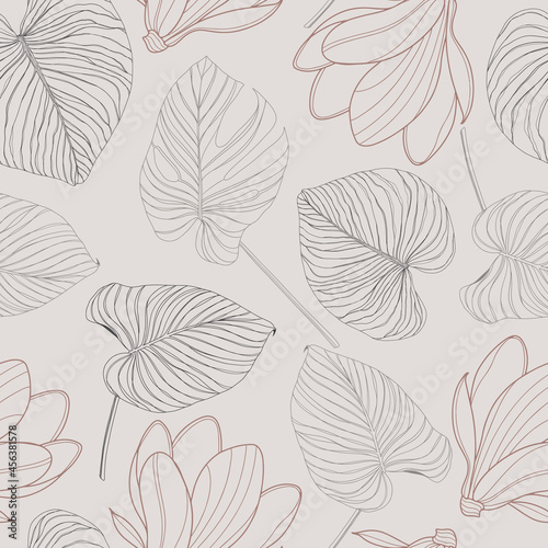 Vector seamless pattern with tropical palm leaves and flower in contour line style