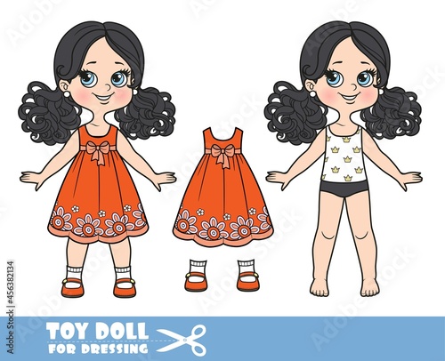 Cartoon girl with black ponytails hairstyle dressed and clothes separately - red dress and sandals doll for dressing