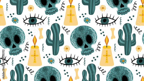 Day of the dead seamless pattern. Dia de los Muertos hand drawing repeating texture. Mexican holiday Halloween with sugar skulls background wallpaper or paper. Vector illustration