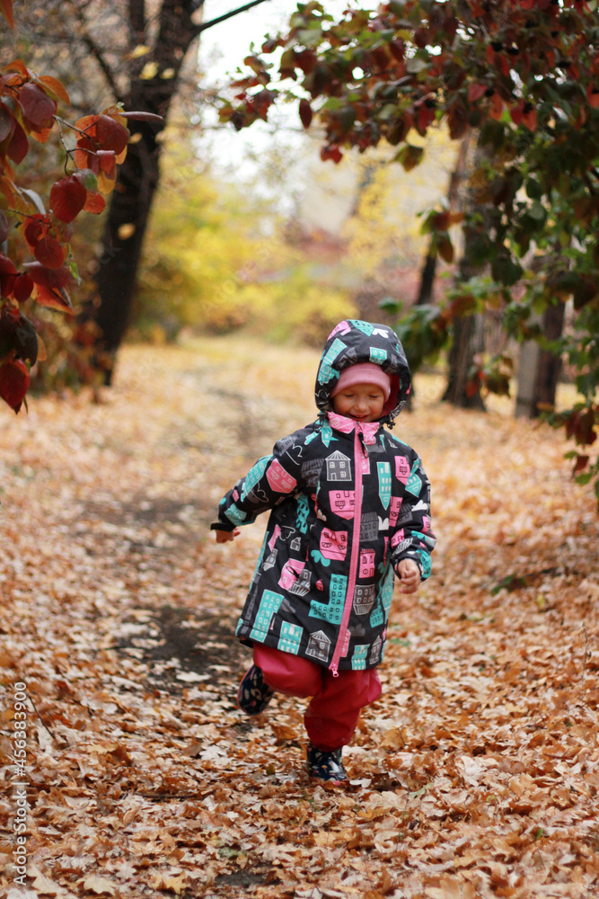 little child is running in autumn park little child is running in autumn park