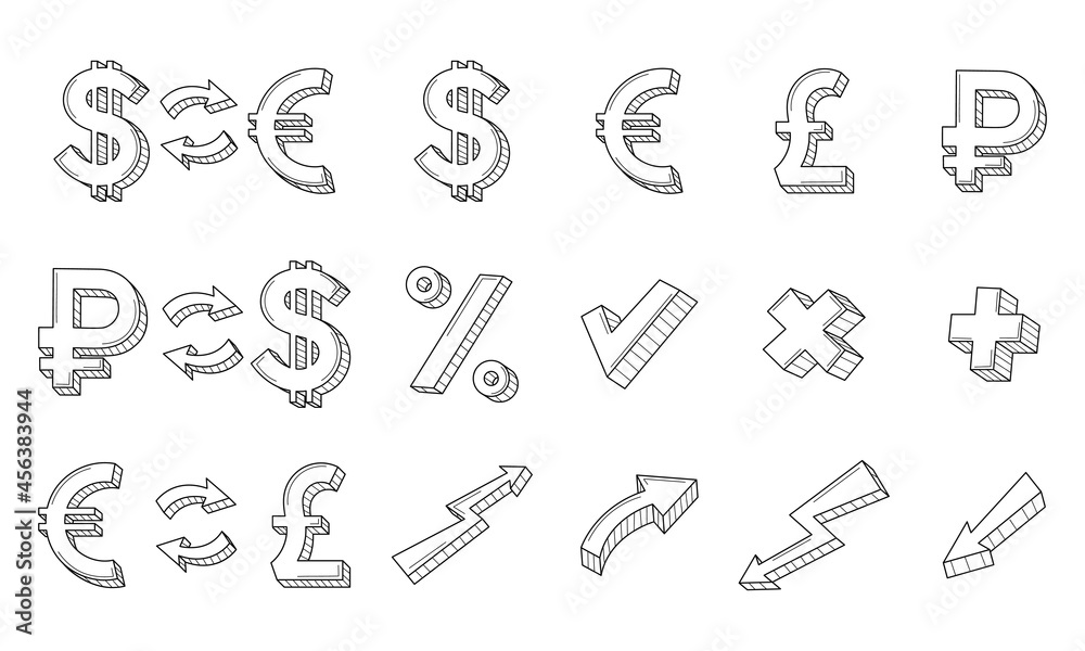 A set of linear business, icons. Currency exchange symbols, ruble, dollar, euro, pound, arrows. The growth and fall of the currency. Hand-drawn black and white vector illustration. Isolated on white. A set of linear business, icons. Currency exchange symbols, ruble, dollar, euro, pound, arrows. The growth and fall of the currency. Hand-drawn black and white vector illustration. Isolated on white.