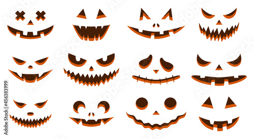 Funny physiognomies. A collection of Halloween pumpkins with carved silhouettes of faces isolated on white. A template with many eyes, mouths, noses for cutting out jack o lantern. Color Vector