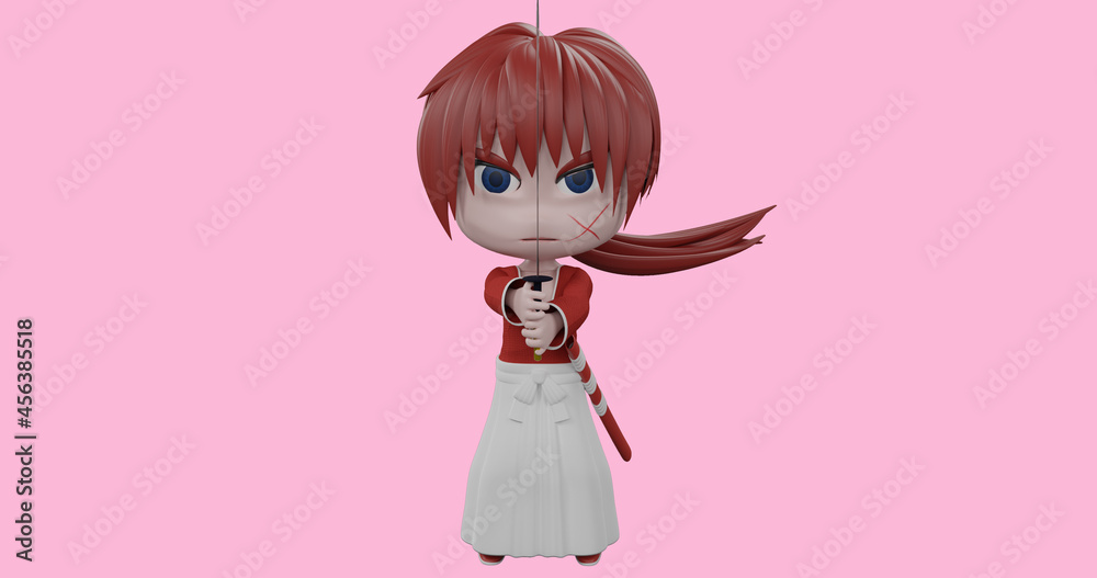 3D illustration of samurai character with X shaped scar. Holding Katana Sword Front Side View. Cartoon character 3D rendering 3D illustration of samurai character with X shaped scar. Holding Katana Sword Front Side View. Cartoon character 3D rendering
