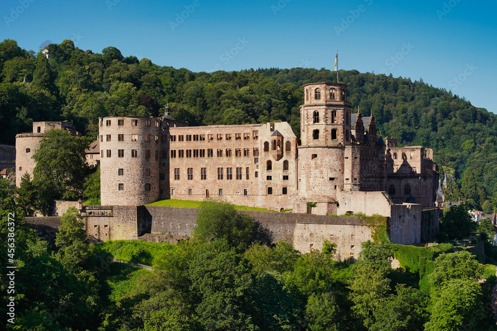 The historic castle of Heidelberg, mount Königstuhl in the background. Germany.