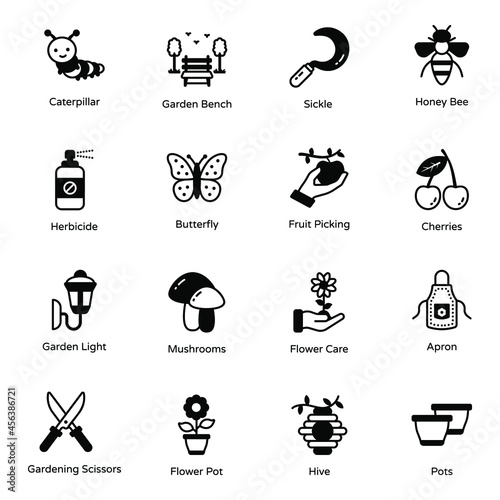 Solid Icons of Gardening Vectors

